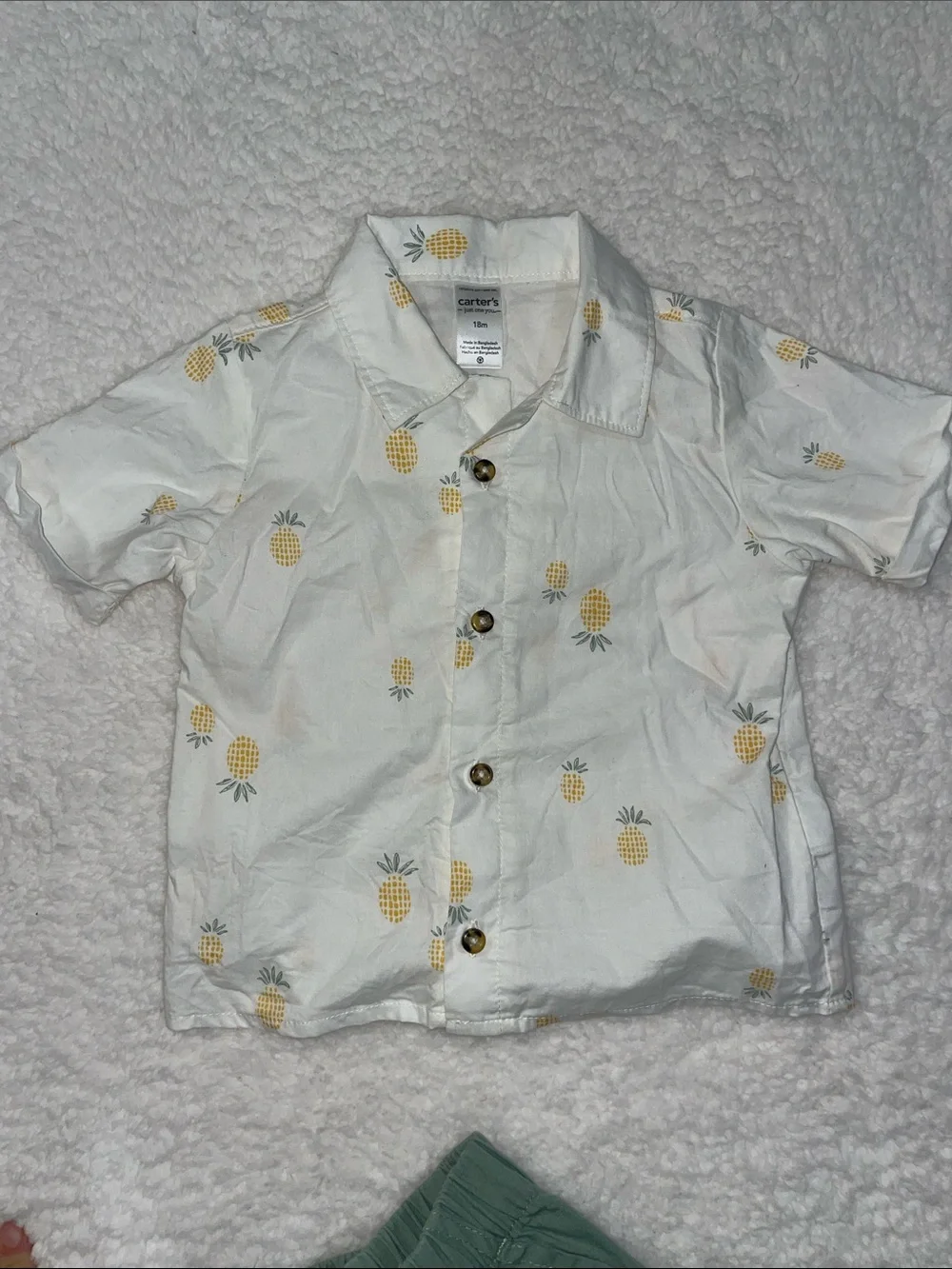 Carter's White Pineapple Button-Up Top with Sage Green Shorts